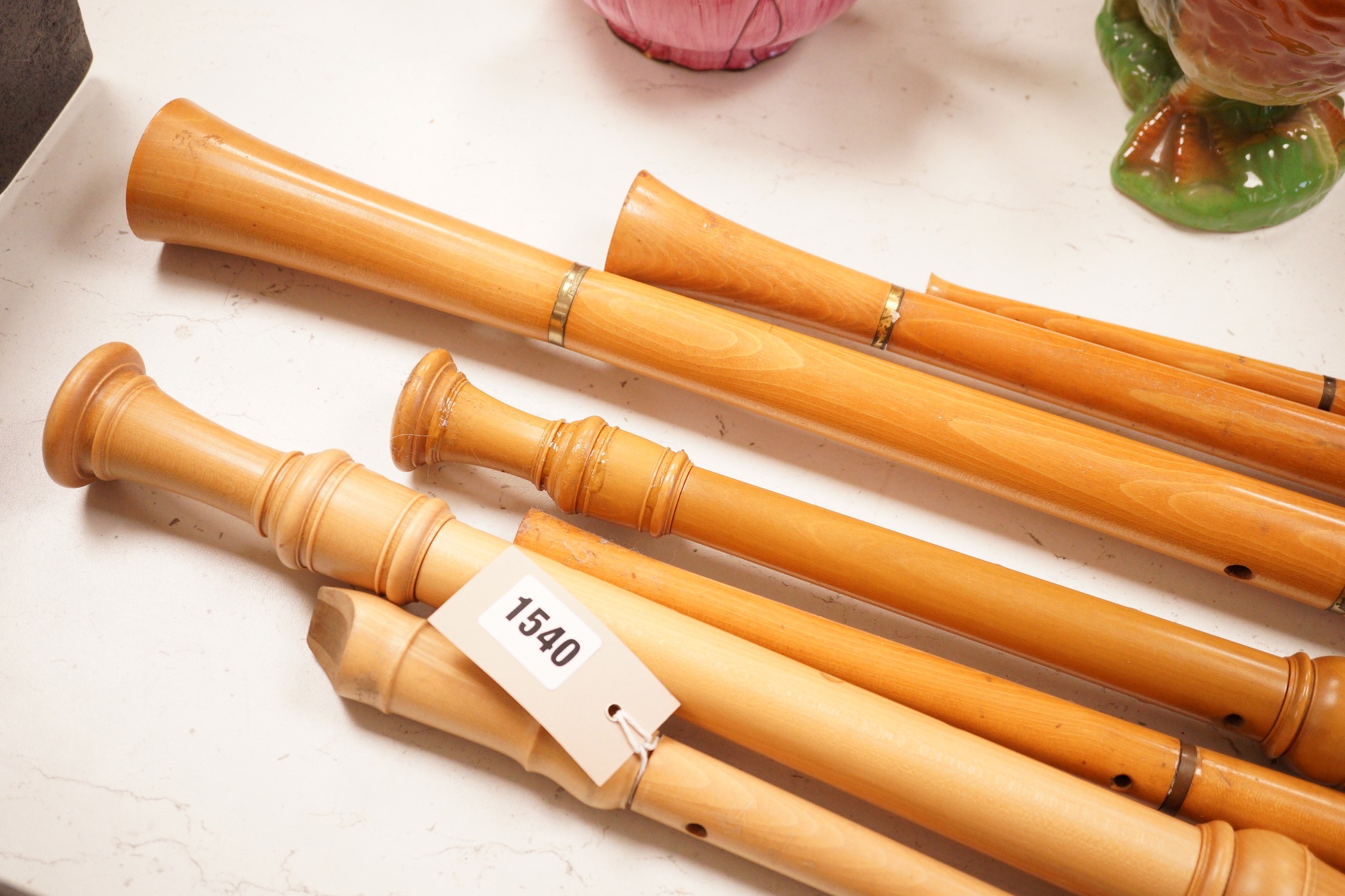 A group of seven recorder wind instruments